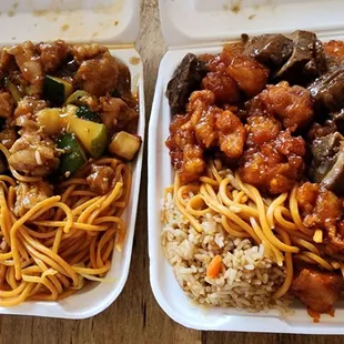 Two 2 item combs. Half fried rice, Half Chow mein Chicken and mushrooms + Kung Pao chicken Orange chicken + Pork ribs