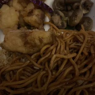 Spicy fish, mushroom chicken with chowmein and fried rice. You will need plenty of soy sauce!