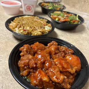 Orange Chicken, House Special Lo Mein, Szechuan Chicken and Hunan Chicken
