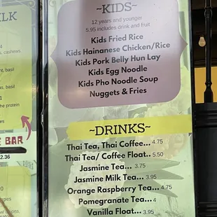 Kid's menu and drinks