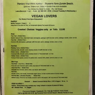 Vegan Menu!