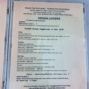 Vegan menu