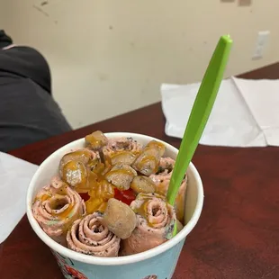 Strawberry with mint Oreo mixed in, caramel, cookie dough, gummy bears