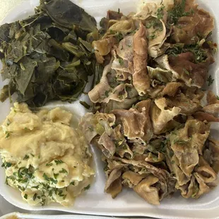 Chitterlings, mixed greens and Potato Salad