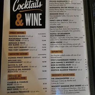 Cocktail, wine menu