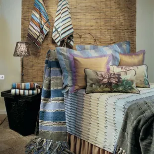 Missoni bedspread and hand-towels, bark cloth pillows, custom Cambodian silk pillows by Pandora's.