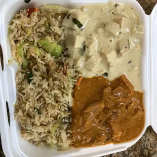 Chicken tikka masala and the chicken malai (lighter color and omg so good!) with fried rice.