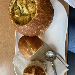 New cheddar broccoli mac and cheese in bread bowl! Pretty good