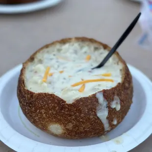 Our clam chowder dinner in a sourdough bread bowl