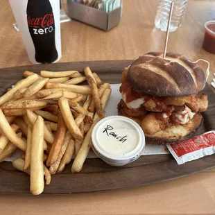 Chicken Parmigiana sandwich combo. Large portion. Took half home.