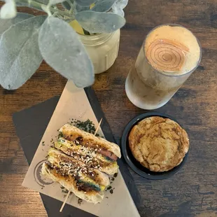 Sichuan sando; tres leches iced latte with dalgona foam; gochujang cookie