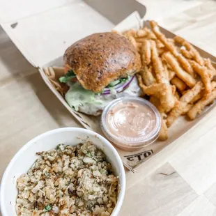 Burger, Fries, and Cilantro Lime Cauliflower Rice.