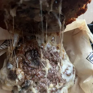 Caramelized Onions &amp; Mushrooms top this delish Mushroom &amp; Swiss Burger