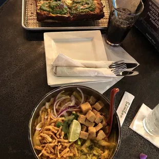 Tofu Kao Soi (hold the egg half) and Three Fungi Detroit Style half pizza. All vegetarian, all yummy!