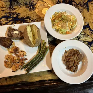 three plates of food