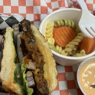 Black Bean Veggie Burger and pasta salad