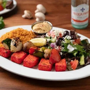 Entree: Charbroiled Organic Tofu Kabob with grilled vegetables and choice of two sides.