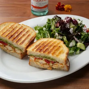 Chicken Pesto Panini (Wayne Farms Grilled Antibiotic Free Chicken, Artichoke Hearts, Fontina Cheese &amp; Homemade Pesto)