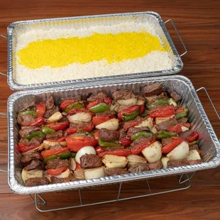 Flat Iron Steak Shish Kabob Tray: 12 skewers of flat iron shish kabobs and grilled vegetables along with choice of side