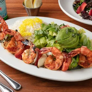 Entree: Shrimp Kabob with Five Jumbo Prawns, grilled vegetables and choice of two sides.