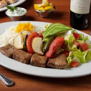 Entree: Lamb Barg Kabob (all-natural, antibiotic and hormone free, grass-fed lamb tenderloin) with grilled vegetables &amp; choice of two sides.