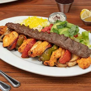 Entree: Combo Kabob (1/2 lb beef koobideh kabob and 1/2 ABF chicken kabob) with grilled vegetables and choice of two sides.