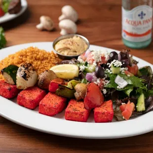 Entree: Charbroiled Organic Tofu Kabob with grilled vegetables and choice of two sides.