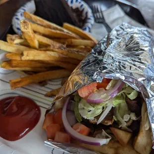 Gyro, fresh cut fresh and chocolate cake