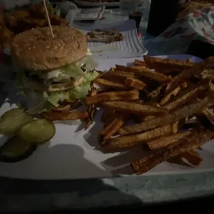 a hamburger and fries