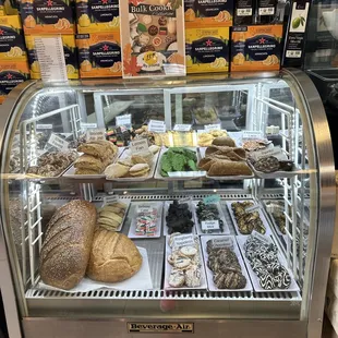 a display case of baked goods