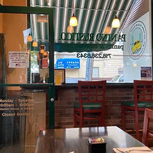 a table and chairs in a restaurant