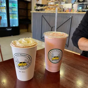 Hot chocolate and strawberry smoothie