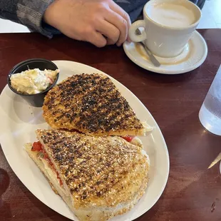 Everything panini with prosciutto, truffle oil, roasted red pepper, burrata