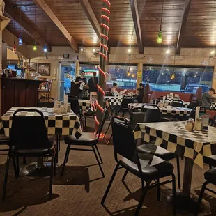 a dining area with tables and chairs