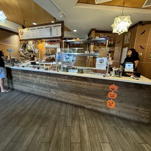 a view of a restaurant counter