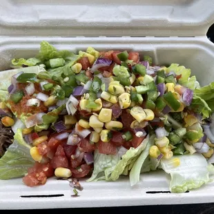 Bowl with white rice,black beans, paniolo steak, salsa and toppings. *corn is extra $