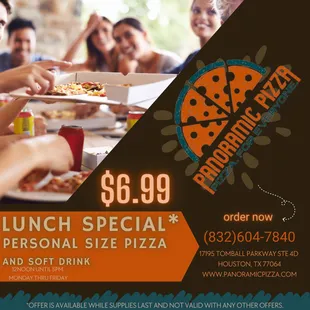 $6.99 Pizza and Drink Lunch Special