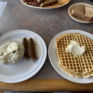 Waffle, grits, sausage, toast