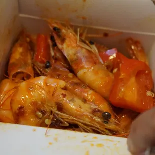 Spicy shrimp! Really good with heads on :)