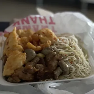 Mushroom Chicken, no flavor noodles, no flavor but doughy spicy fish