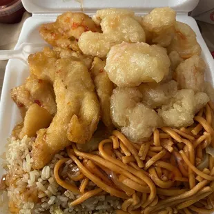Spicy Fish but not spicy at all , coconut shrimp, fried rice, chow mein