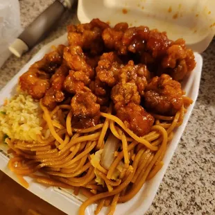 a plate of noodles and meat