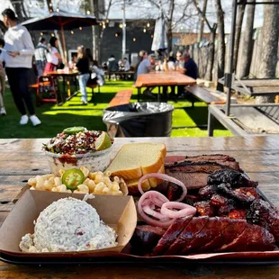 Potato Salad, garlic sausage, Smoked Mac &amp; Cheese, Pork Belly Burnt Ends