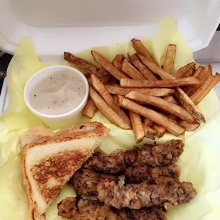 Hand Breaded Steak Finger Dinner with home-style fries. Crinkle cut fries also available.