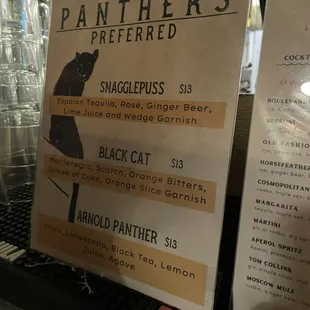 Specialty cocktail menu