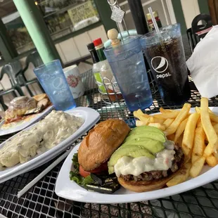 Cinnamon roll French toast.
 Really good biscuits and gravy!
 Bison burger and fries.