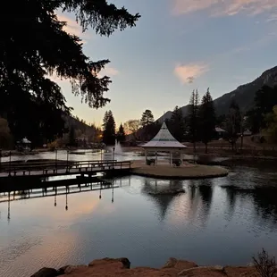 a view of a lake and a gazebo