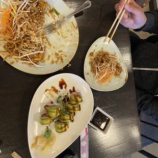 Tofu pad thai and three amigos roll
