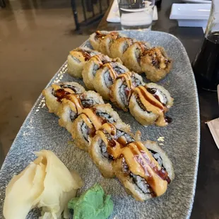 3 types of fried sushi rolls (salmon, tuna, and whitefish)