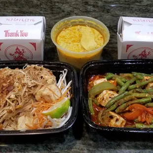 Yellow Curry with Chicken - Lunch size, Pad Thai with non-fried tofu - Dinner size, Spicy green beans with non-fried tofu - Dinner size